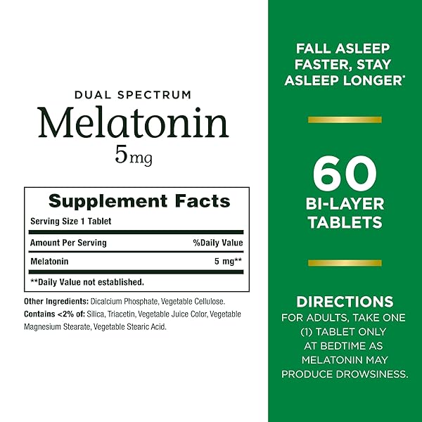 NATURE’S BOUNTY MELATONIN 5MG DUAL SPECTRUM, 100% DRUG FREE SLEEP SUPPLEMENT, QUICK RELEASE AND EXTENDED RELEASE, PROMOTES RELAXATION AND SLEEP HEALTH, 60 BI-LAYER TABLETS