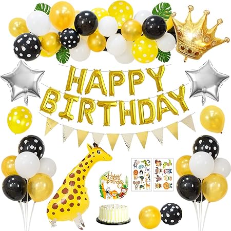 Aperil Decorations De Fete D Anniversaire Ballons De Girafe Marchant Banniere De Joyeux Anniversaire Or Ballons A Pois Blancs Jaune Noir Autocollants Animaux Gateau Pour Les Enfants Garcons Fete Amazon Fr Cuisine Maison