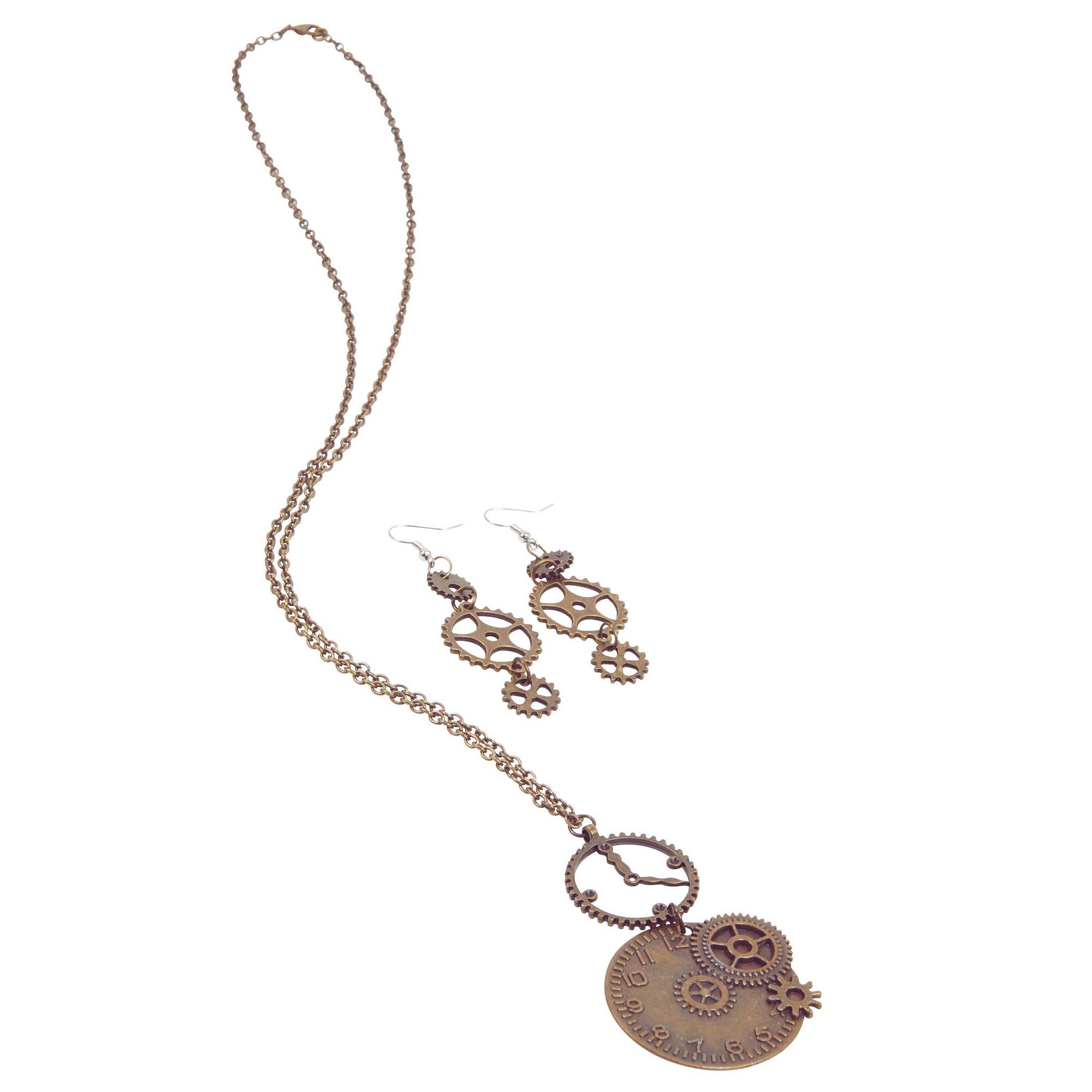 Bristol Novelty BA3226 Clock Necklace + Gear Earrings, Women, Bronze