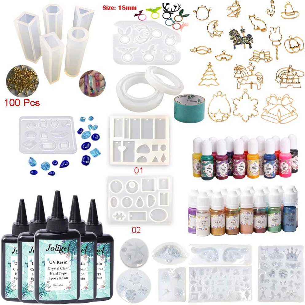 Crystal Clear UV Resin with 18 Molds & 28 Pigment & 17 Open Back Bezels Frames, 500ML Resin Jewelry Making Kit for Handmade Resin Crafts Gifts DIY
