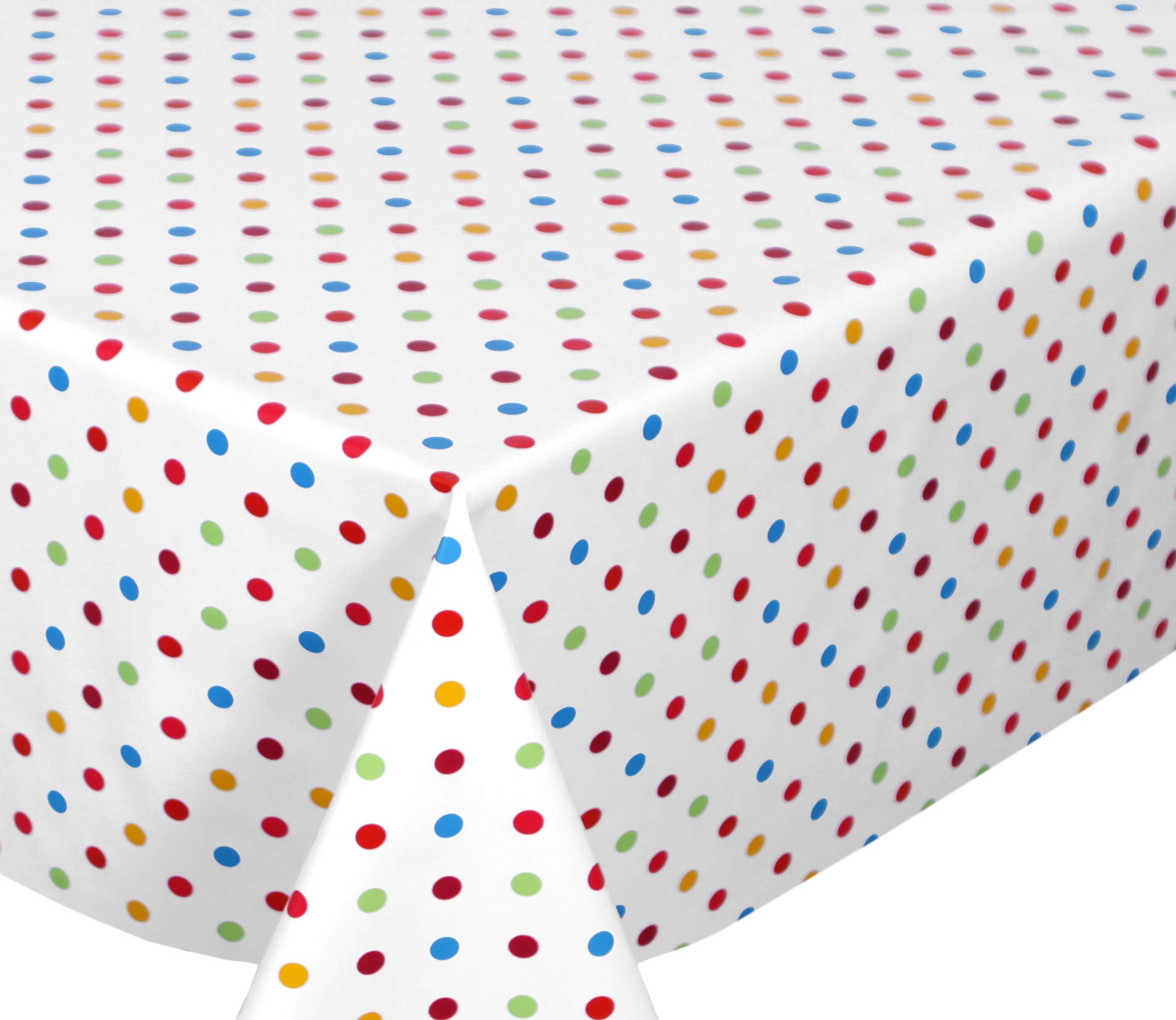 BEAUTEX White, Dots Colourful Oilcloth Tablecloth Smooth Wipe Clean Garden Tablecloth Round Oval Square, Choice of Sizes (Round 140 cm)