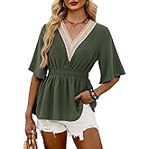 HEYTALALA Womens Summer Tops Dressy Casual Ruffle Short Sleeve Lace V Neck Smocked Peplum Blouses Babydoll Shirts