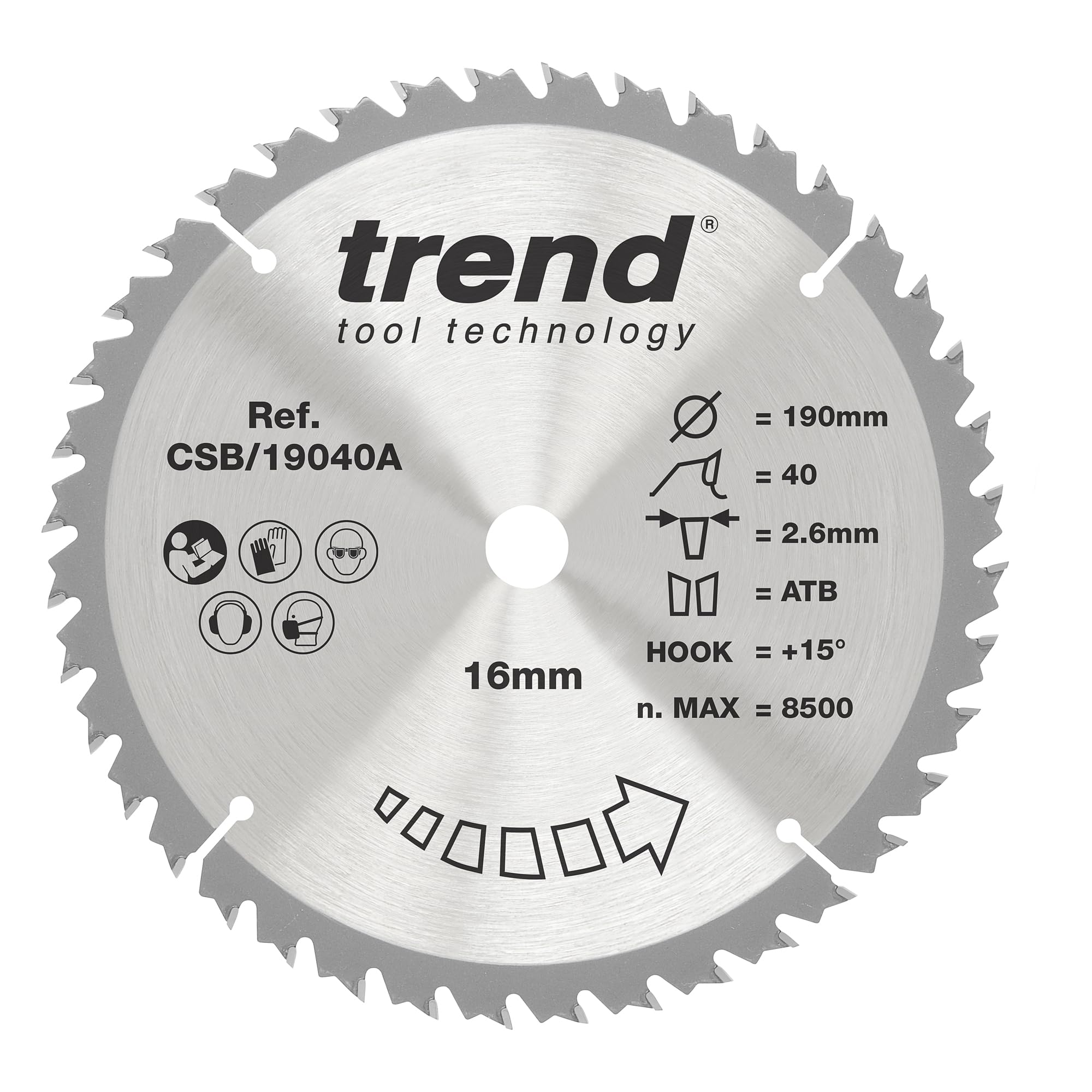 Trend Wood Circular Saw Blade, 190mm Diameter, 16mm Bore, 40 Teeth, 2.6mm Kerf, +15° Hook, TCT, Fine Finish, CSB/19040A