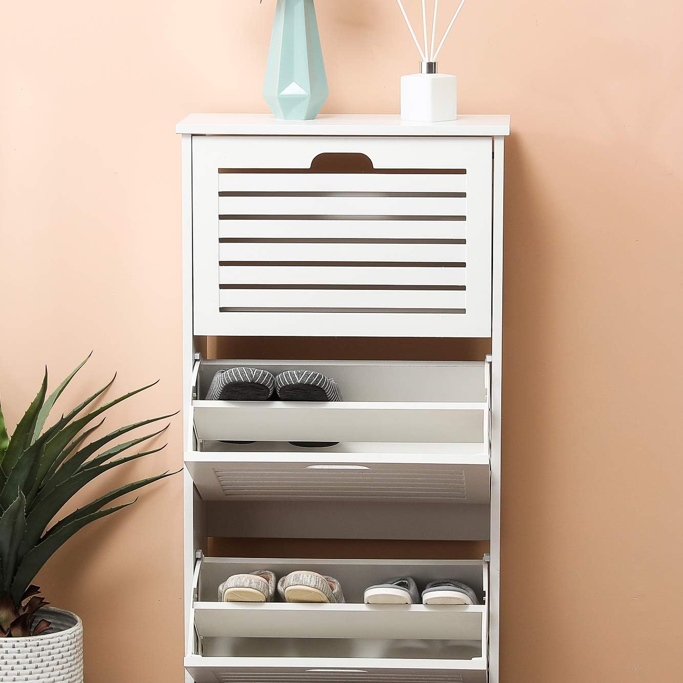 Amazon Com Luxen Home White Wood 12 Pair Shoe Storage Cabinet Home Kitchen