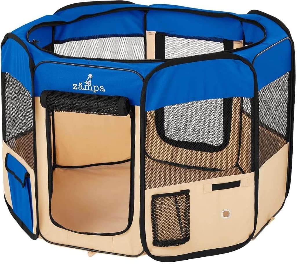 Zampa Puppy Pop Up Portable Playpen for Dog and Cat, Foldable | Indoor/Outdoor Kitten Pen & Travel Pet Carrier + Carrying Case (Blue, Small (36"x36"x24"))