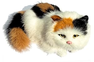 BASUO-9Q Realistic Furry Baby Calico Cat Figurine Simulation Kitten Home Office Car Decorative Statue Synthetic Fur Pet Stuffed House Animal Kitty Replica Photo Props Collectible Gift