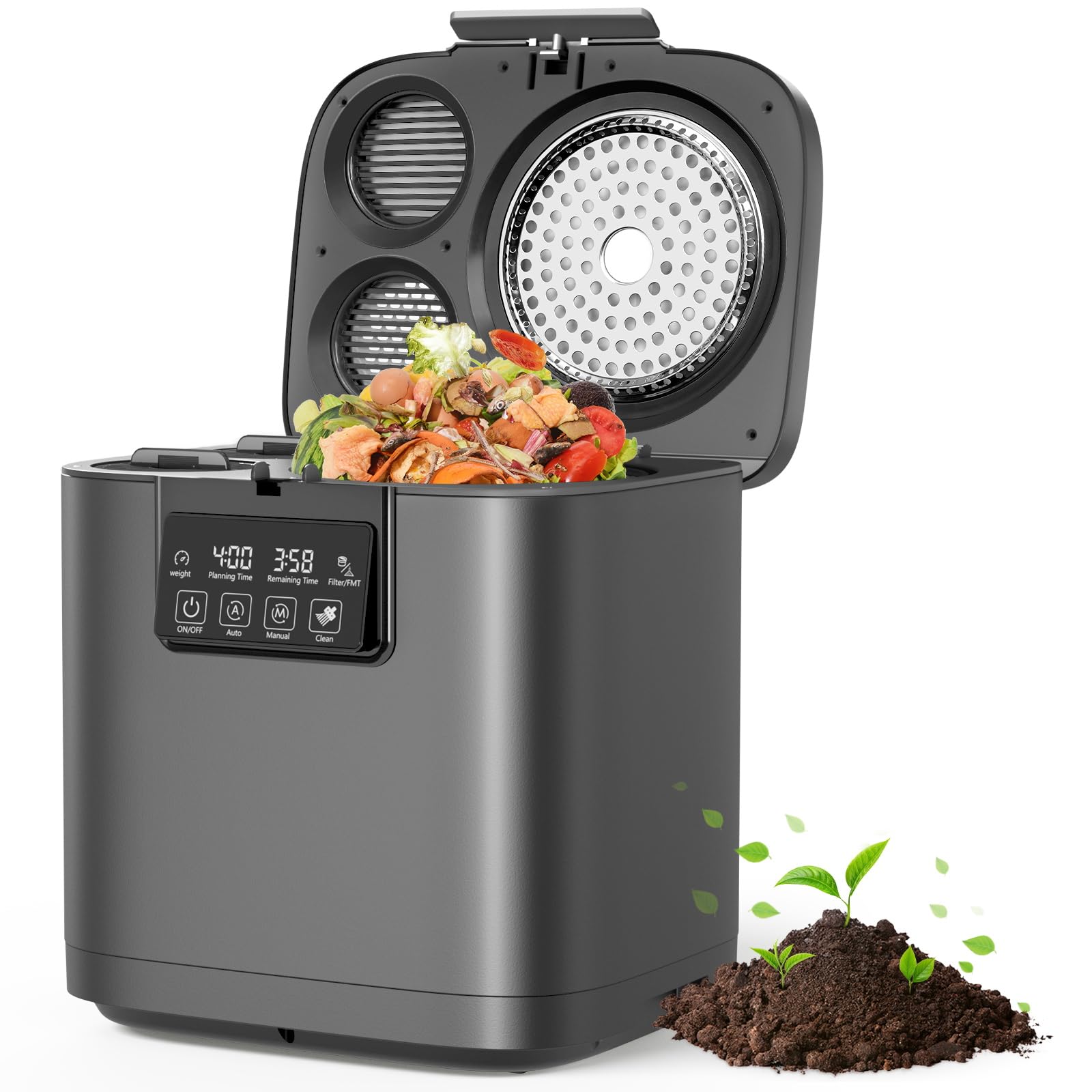 Photo 1 of Electric Kitchen Composter, 4L Large Capacity Smart Indoor Compost Bin with Timer Display, 2 Detachable Carbon Filter, Compost Machine Odorless for Countertop, Turn Waste into Natural Fertilizer,Grey