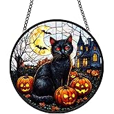 Halloween Sun Catcher - 8 Inch Round Suncatcher for Window Hanging Decoration - Creates Indoor Rainbows Light Refraction - Spooky Ghost, Witch, Pumpkin Design - Suction Cup Hook & Chain