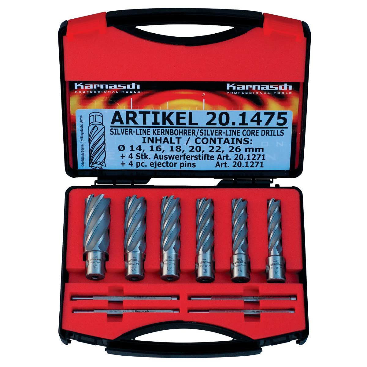 KARNASCH 201475 Silver-Line 50 Basic Set Contains 6 HSS-XE Core Cutter Drill Weldon Shank 19mm, 1 pc each Ø 14, 16, 18, 20, 22, 26mm, 2 Ejector Bolts 6.34 x 102mm