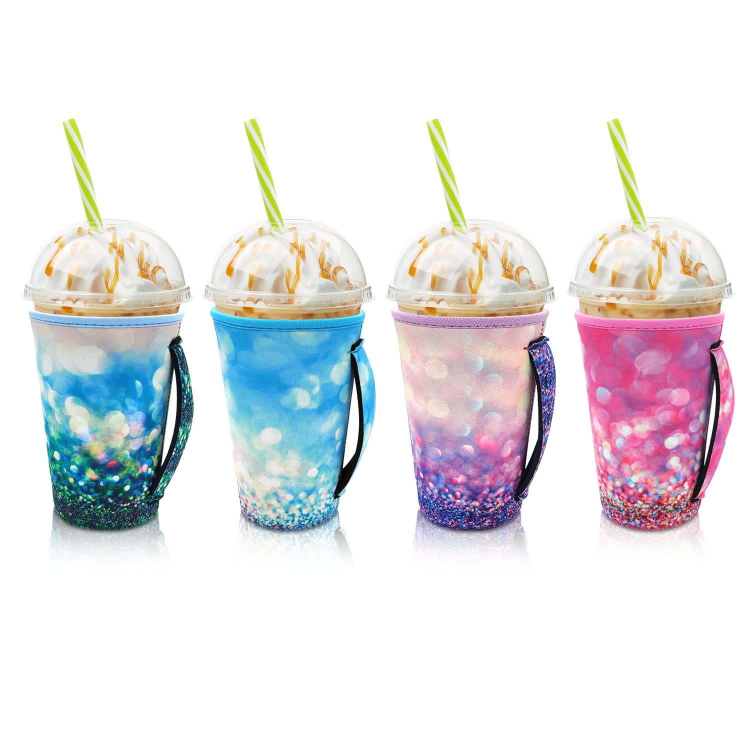 Photo 1 of 4Pack Reusable Iced Coffee Sleeve Insulator Sleeves for Cold Drinks Beverages, Neoprene Cup Holder for Most Coffee, Fits 30-32oz Large Cups (Glitter with handle)