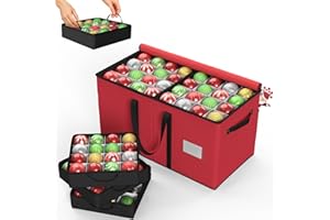 Patiobay Christmas Ornament Storage Box With 8 Trays - Stores Up to 128 Holiday Ornaments, Christmas Storage Container with Side Pocket, Adjustable Dividers, Card Slot, Tear-Proof Fabric - Red