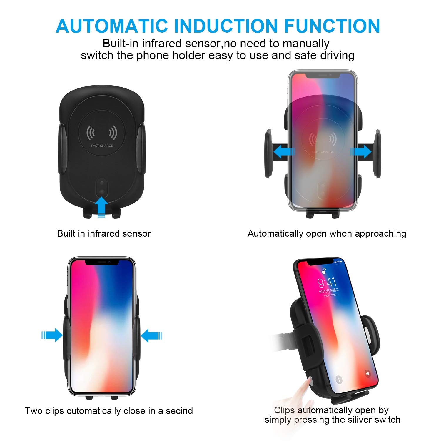 Wireless Car Charger,Sunvook Automatic Car Charger Air Vent Phone Holder Mount Stand Car Charger Automatic Infrared Sensing Holder 10W Fast Wireless Car Charger for Samsung Galaxy S8 S8 Plus S7 S7 Edge Note 8/5 Standard Charge for iPhone X/