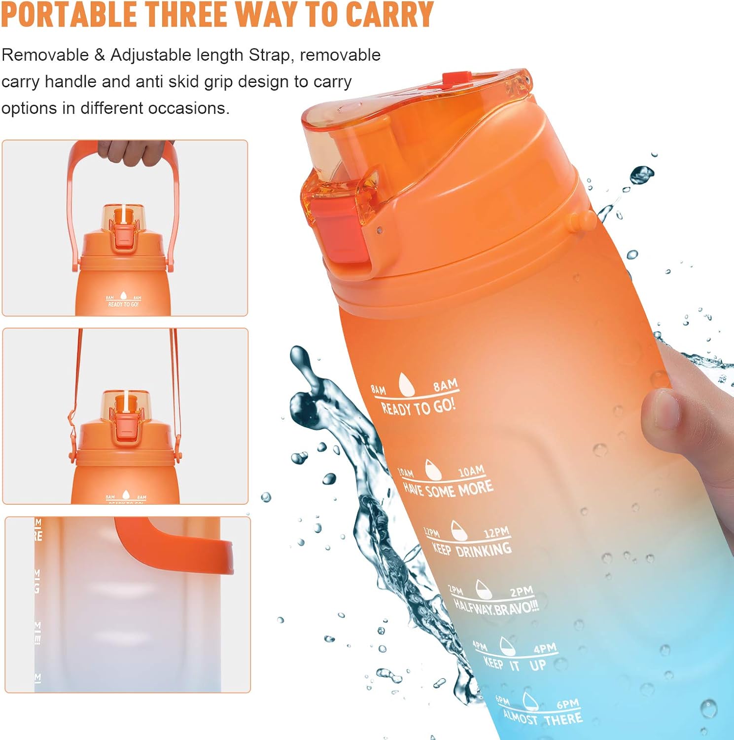 PASER 64oz Water Bottles with Times to Drink, 2 in 1 Lids(Chug and Straw) Tritan Leakproof BPA Free Sports Motivational Water Bottle with Replaceable Handle & Strap(Included Bottle Brush): Sports & Outdoors