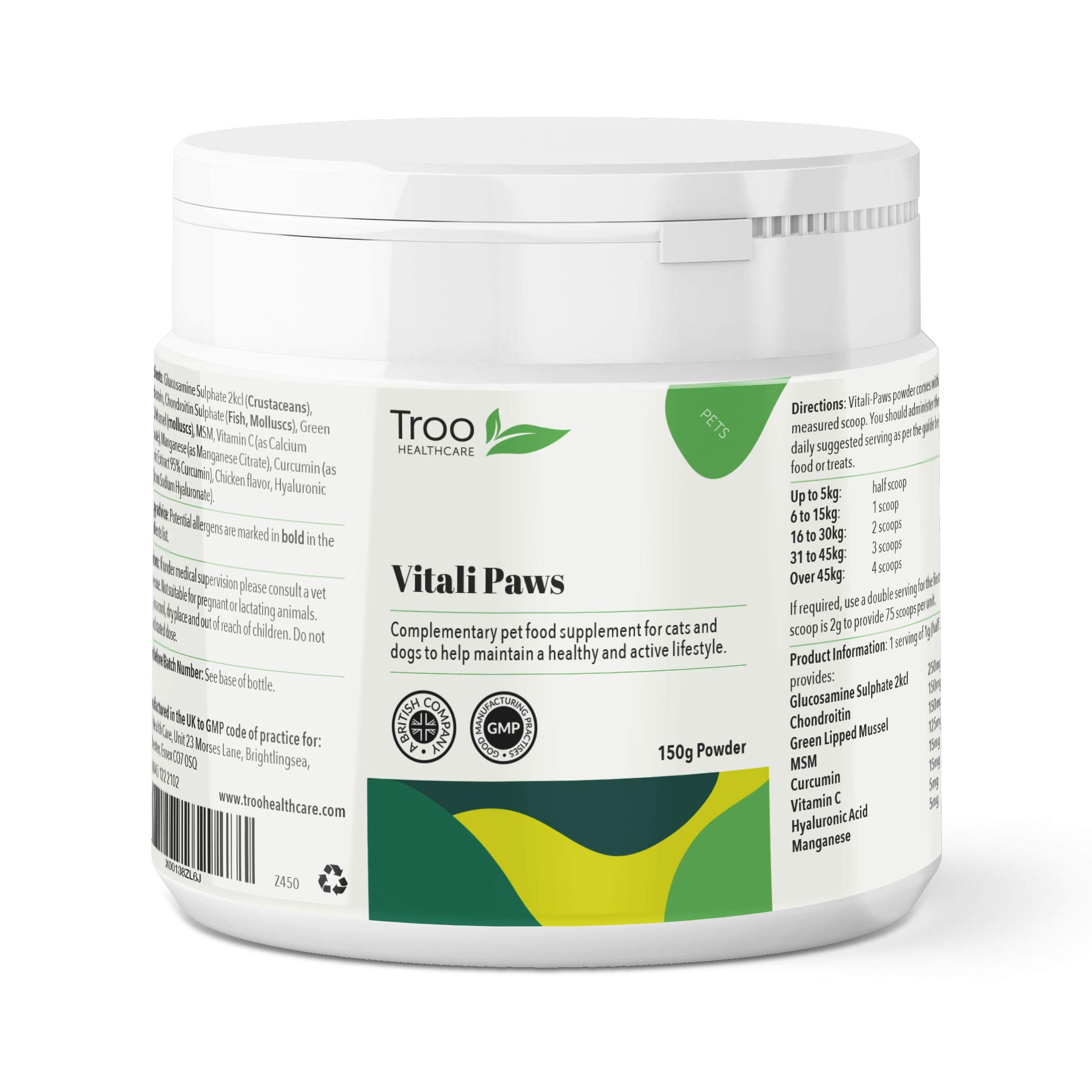 Troo Health Care Vitali-Paws Pet Joint Support Supplement Powder for Cats and Dogs 150g | Chicken Flavour | Glucosamine | Green Lipped Mussel | Chondroitin | MSM | Turmeric Curcumin | UK Manufactured