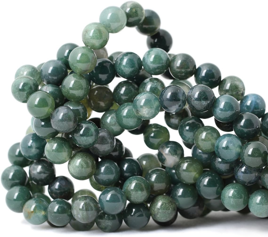 Qiwan Natural Gemstone Round Loose Beads, DIY Jewelry Making 1 Strand 15" (10mm, Moss Agate Gemstone)