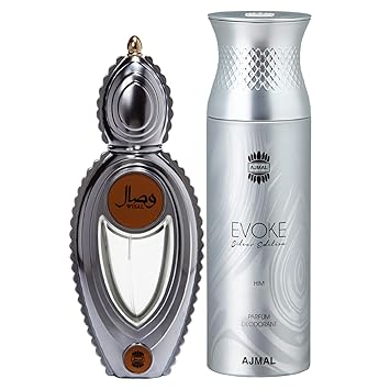Ajmal Wisal EDP Floral Musky Perfume 50ml for Women and Evoke Silver Edition Him Deodorant Spicy Floral Fragrance 200ml for Men+ 2 Parfum Testers FREE
