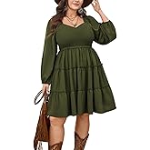 CICIDUDU Plus Size Dresses for Curvy Women Smocked Long Sleeve Tiered Flowy Cute Short Fall Mini Dress