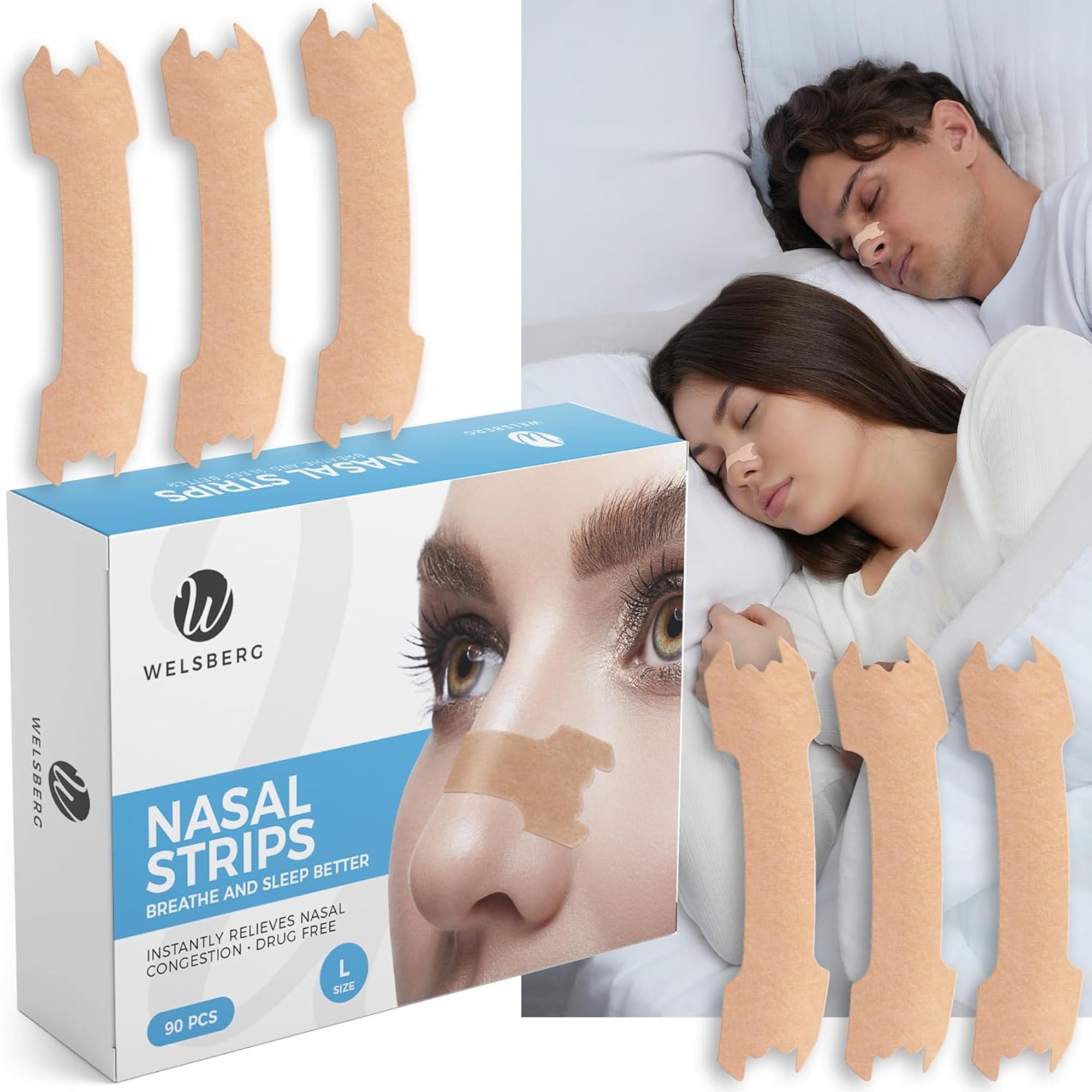 Welsberg 90x Nasal Strips Anti Snoring Aid, Nasal Congestion Relief, Reduce Snoring Sleep Breath Better Nose Patches for Men Women, Size Large, 2.6x0.7 inches, Beige