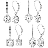 2-4 Pairs Dangle Earrings Set White Gold Plated Round Square Heart Cut Clear Cubic Zirconia Halo Drop Earrings for Women