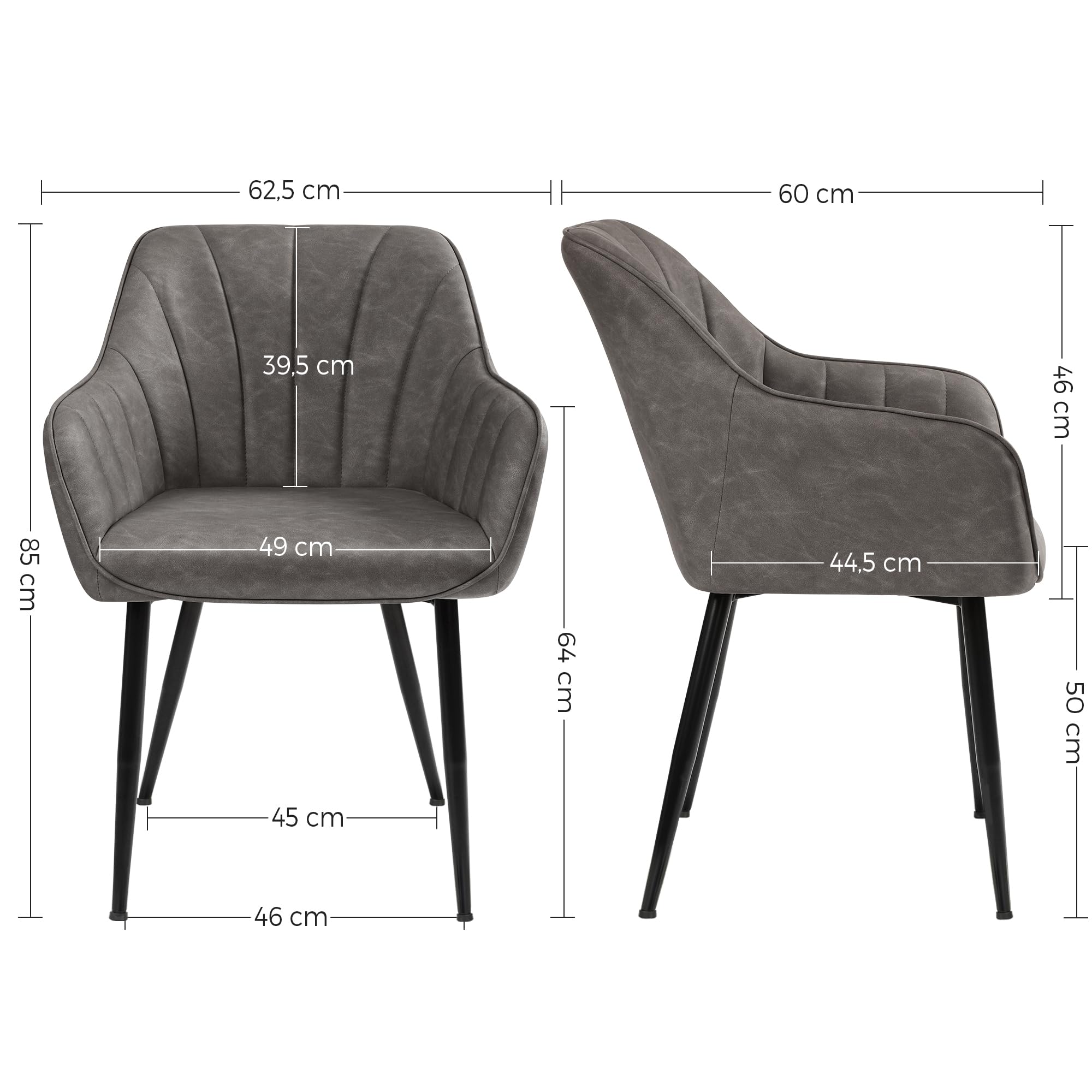 SONGMICS Esszimmerstuhl, Sessel, Loungesessel, mit Armlehne, PU-Bezug, bis 110 kg belastbar, Metallbeine, für Esszimmer, Küche, Wohnzimmer, Schlafzimmer, grau LDC079G01 3