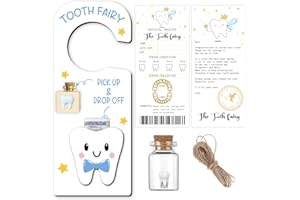 wuguimeii Cute Carved Wooden Box with 3D Tooth, 3Pcs Tooth Fairy Door Hanger With Recipe Cards and Keepsake Bottle, Gifts 3D Holder Box - Keepsake Gifts for Lost Teeth Boy Girl Milk Teeth(Blue)