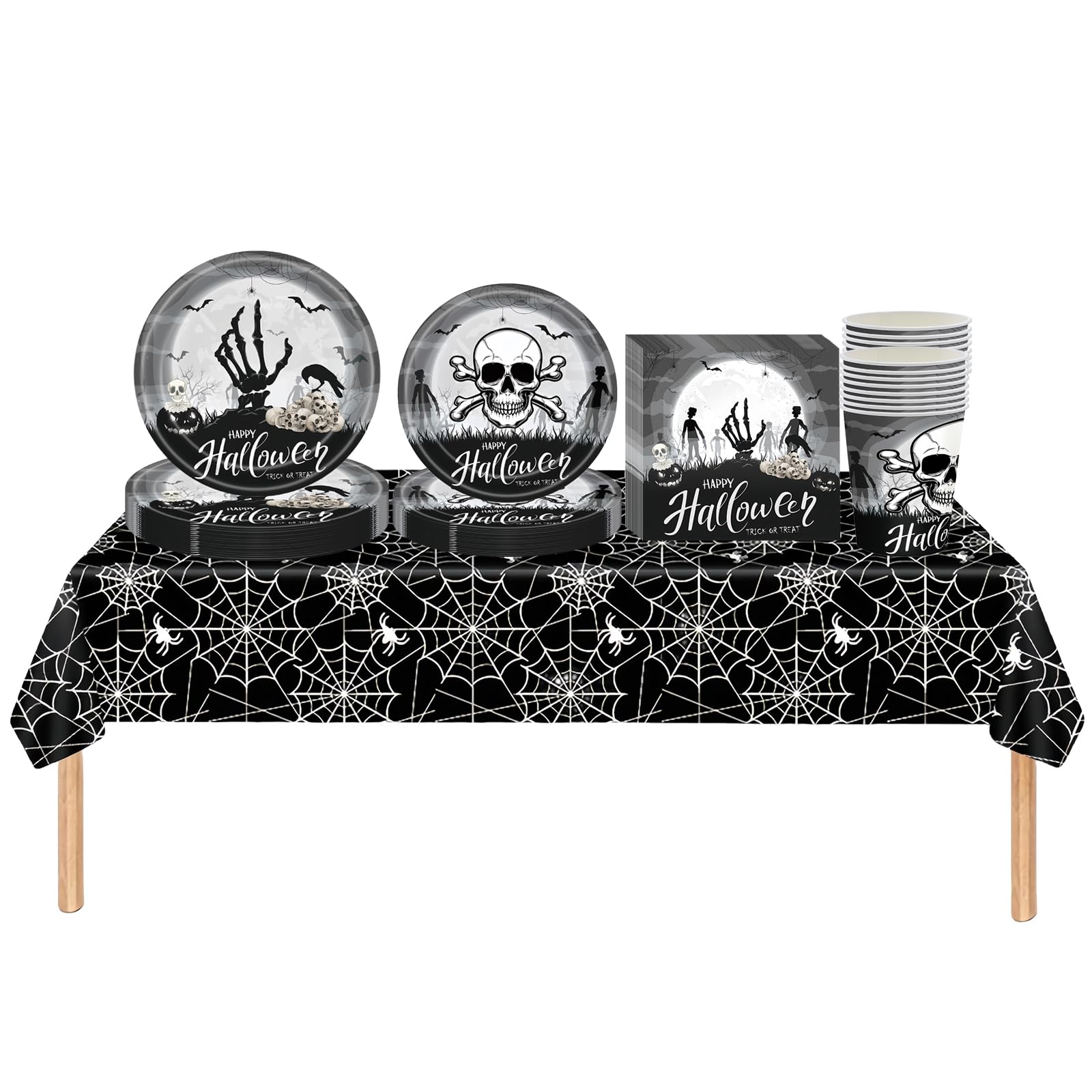 69Pcs Halloween Party Tableware Plastic Table Cloth Cover,Paper Plates,Napkins Serviette and Cups,Bat Skull Black White Happy Halloween Dinnerware Set for Halloween Party Supplier Table Decorations