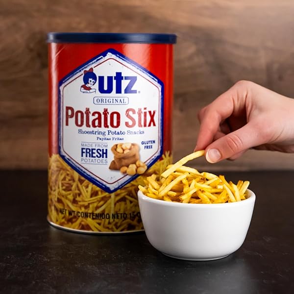UTZ POTATO STIX, ORIGINAL – 15 OZ. CANISTER – SHOESTRING POTATO STICKS MADE FROM FRESH POTATOES, CRISPY, CRUNCHY SNACKS IN RESEALABLE CONTAINER, CHOLESTEROL FREE, TRANS-FAT FREE, GLUTEN-FREE SNACKS