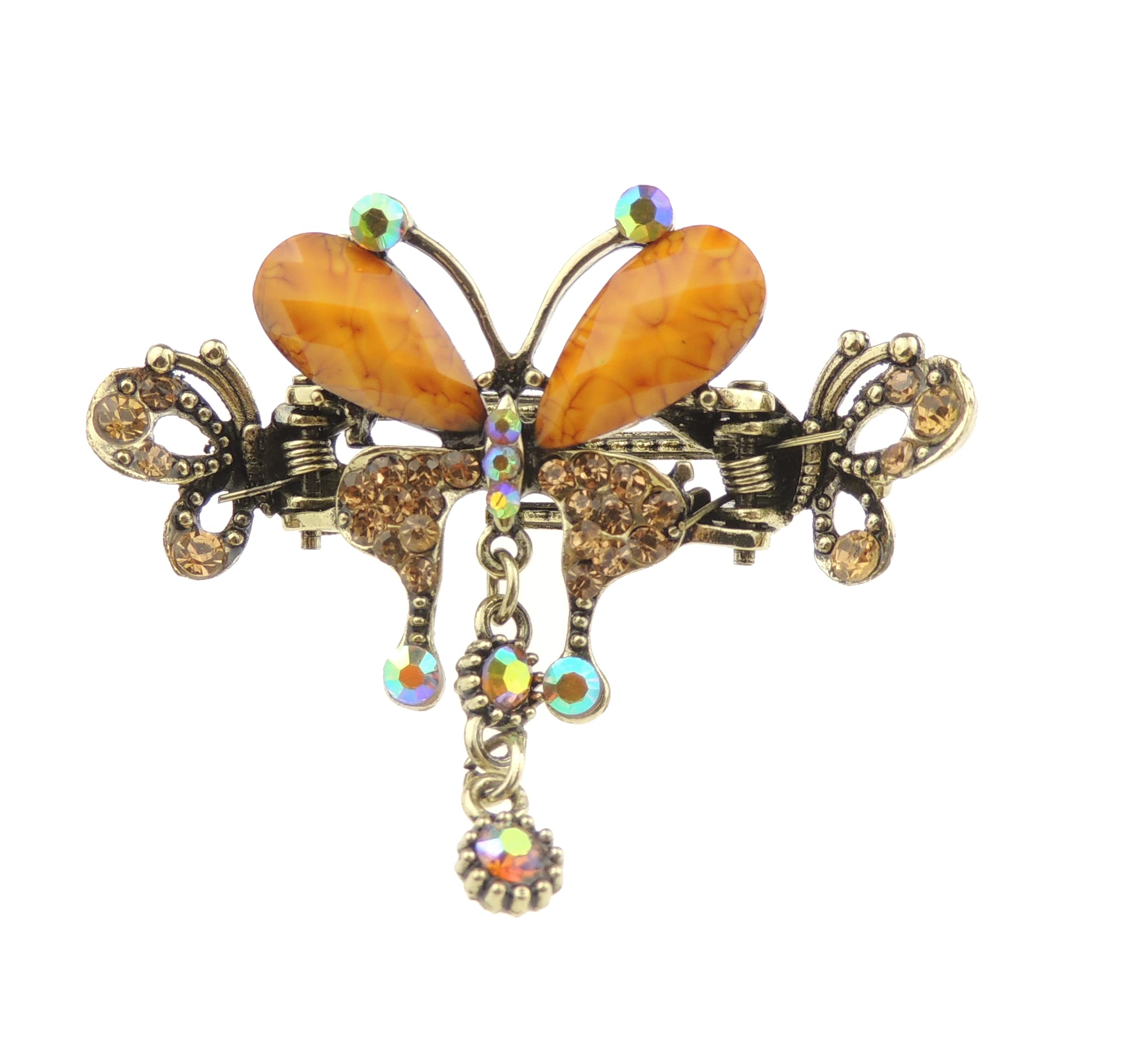 Women Girls Gold Metal Vintage Look Crystal Diamante Rhinestone Gems Bulldog Jaw Clip Octopus Short Small Fine Thin Hair Clamp Grip Bridal Wedding Party Styling Claw 6cm Butterfly (Beige)