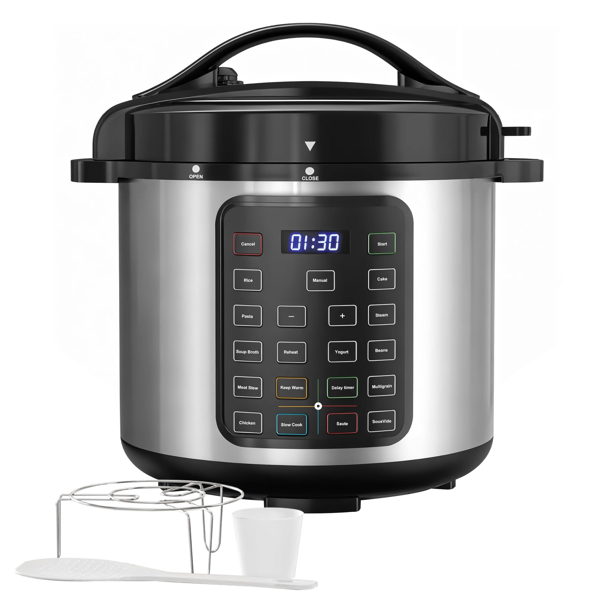 Olla a presión eléctrica Simple Deluxe 16 en 1, acero inoxidable de 8 cuartos y olla de cocción múltiple antiadherente para cocción lenta, guiso de carne, pastel, gachas, multigrano, apta para lavavajillas, plateada