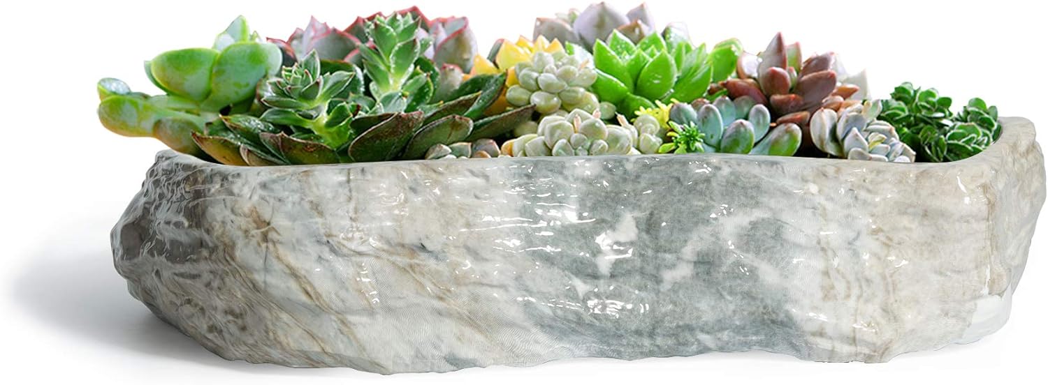 T4U Succulent Pot Ceramic 10 Inch Rectangle Marbling Irregular, Faux Rock Style Flower Pot Planter Herbs Cactus Porcelain Container Indoor Use for Home and Office Decoration Gift