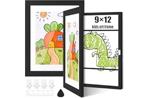 HOMIEE 2-Pack Kids Art Frame, 9 x12 Front Opening Artwork Frames Changeable, 2 Mats Fit 8.5 x11 and 9 x12, Holds 50-150 Pcs, 