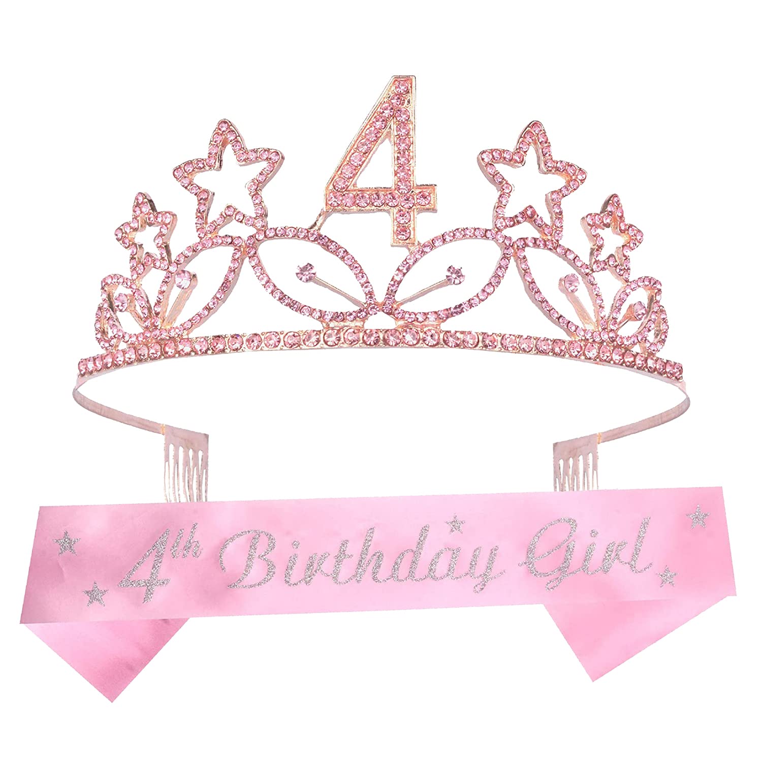 4th Birthday Tiara and Sash pink, 4th Birthday Gifts for girl, HAPPY 4th Birthday Party Supplies, 4 & Fabulous Glitter Satin Sash and Crystal Tiara Birthday Crown for 4th Birthday Party Supplies and