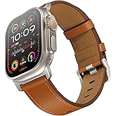 UUPWPOKT Leather Band Compatible with Apple Watch Ultra 3/2/1 Band 49mm 46mm 45mm 44mm 42mm Men, Genuine Leather Strap for iWatch Ultra Series 11 10 9 8 7 6 5 4 3 2 1 SE 3/2/1, Brown/Titanium