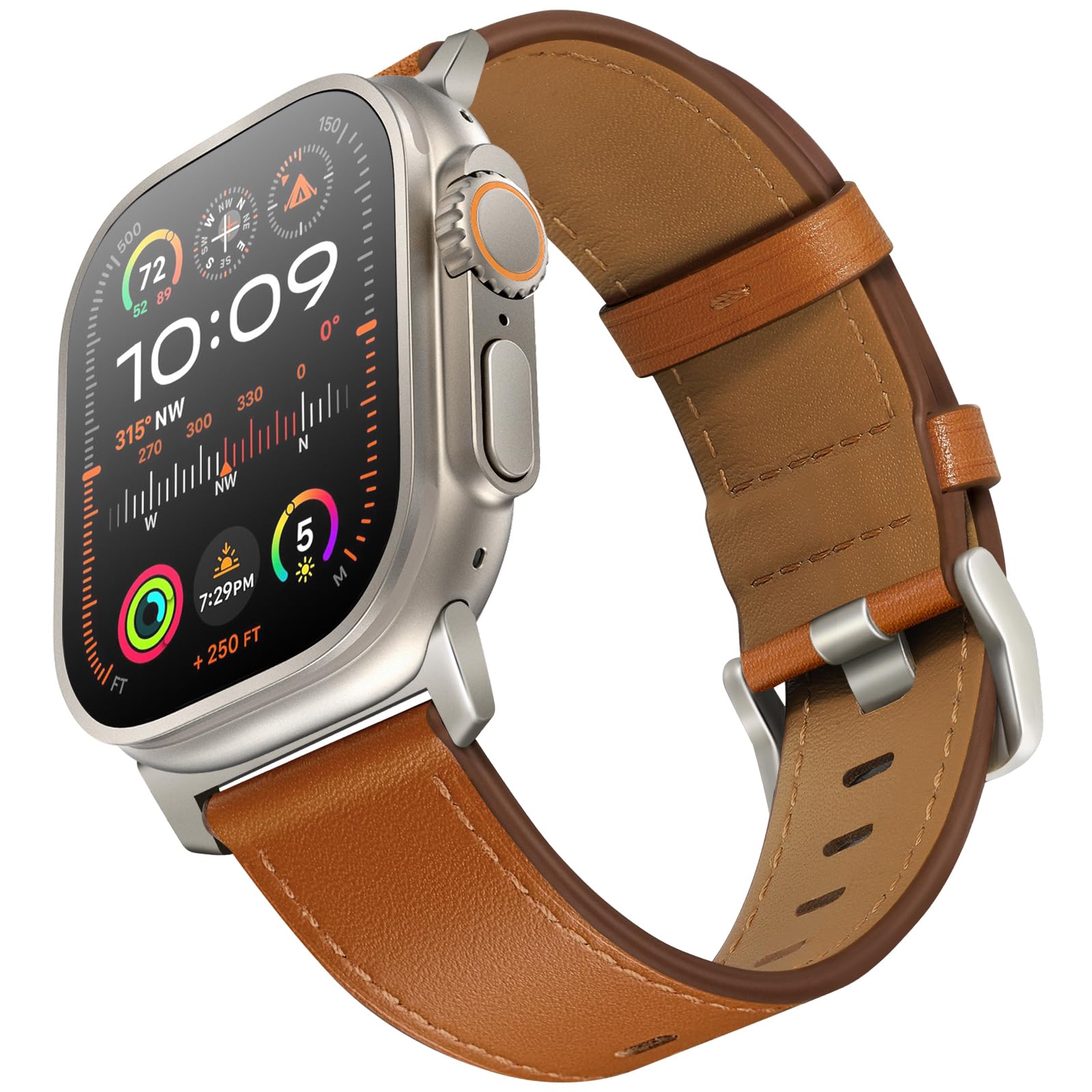 UUPWPOKT Leather Band Compatible with Apple Watch Ultra 3/2/1 Band 49mm 46mm 45mm 44mm 42mm Men, Genuine Leather Strap for iWatch Ultra Series 11 10 9 8 7 6 5 4 3 2 1 SE 3/2/1, Brown/Titanium
