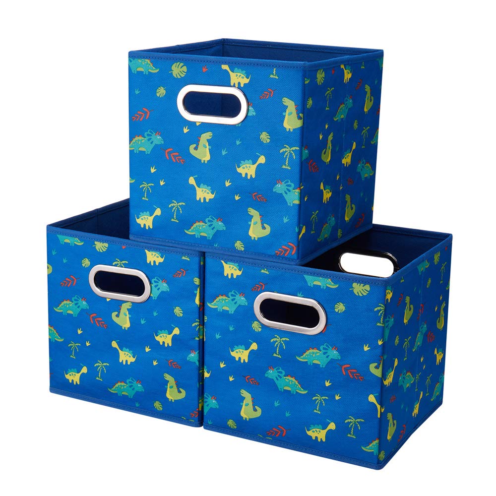 HSDT 3 Cube Storage Bins Blue 10.5x10.5x11 Inch Foldable Dinosaur Coastal Print Fabric Half Storage Basketes for Home Organizers Storage Drawer,QY-SC13-3