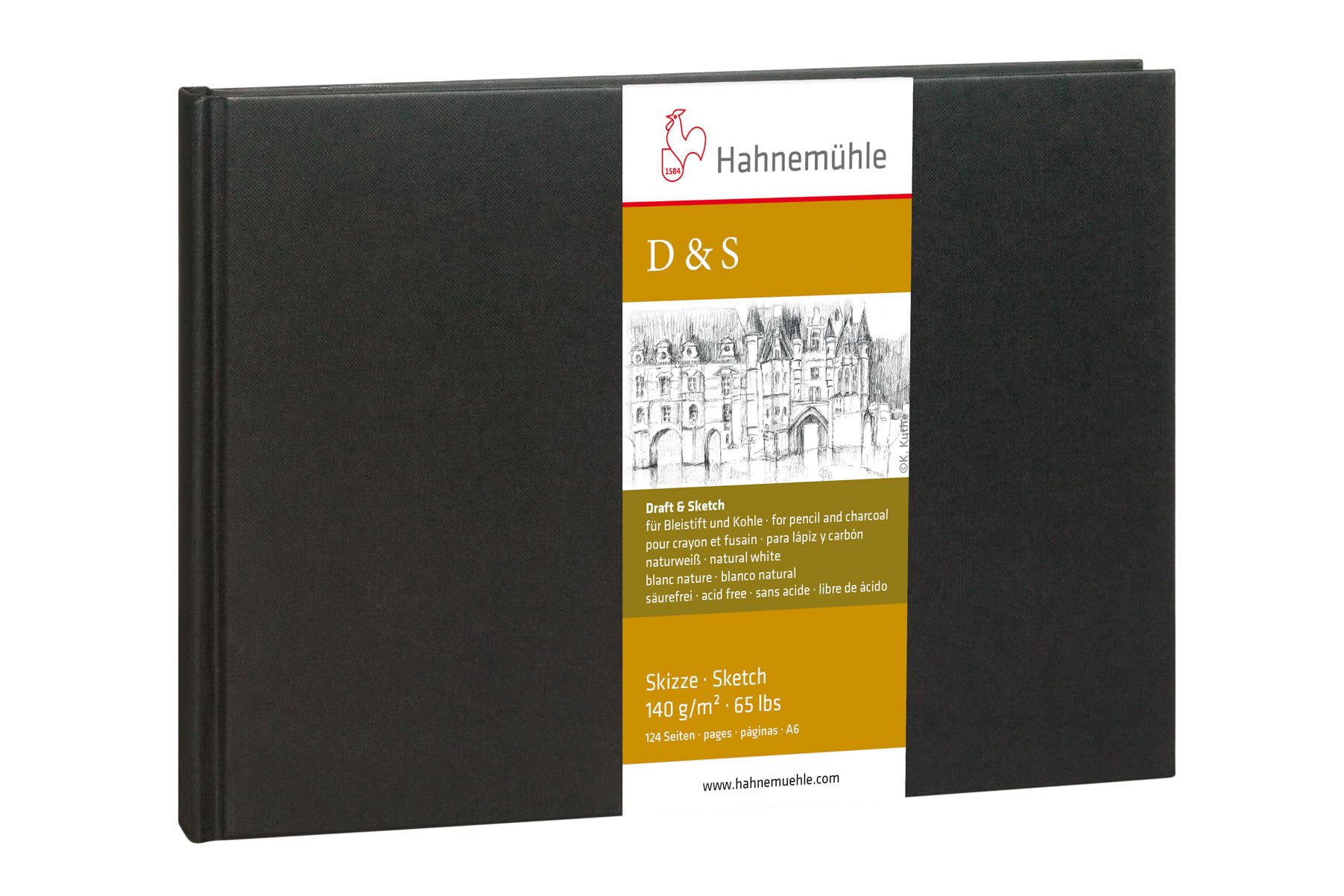 Hahnemuhle Sketch Book D&S, 140gsm Book, Black with stitched binding, A6 Landscape