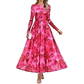 ZESICA Women's Maxi Dress 2026 Spring Long Sleeve Crewneck Floral Print Mesh Ruched Party Wedding Guest Dresses