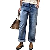 Flamingals Straight Leg Wide Leg High Rise Baggy Ripped Roll Hem Denim Jeans Without Belt