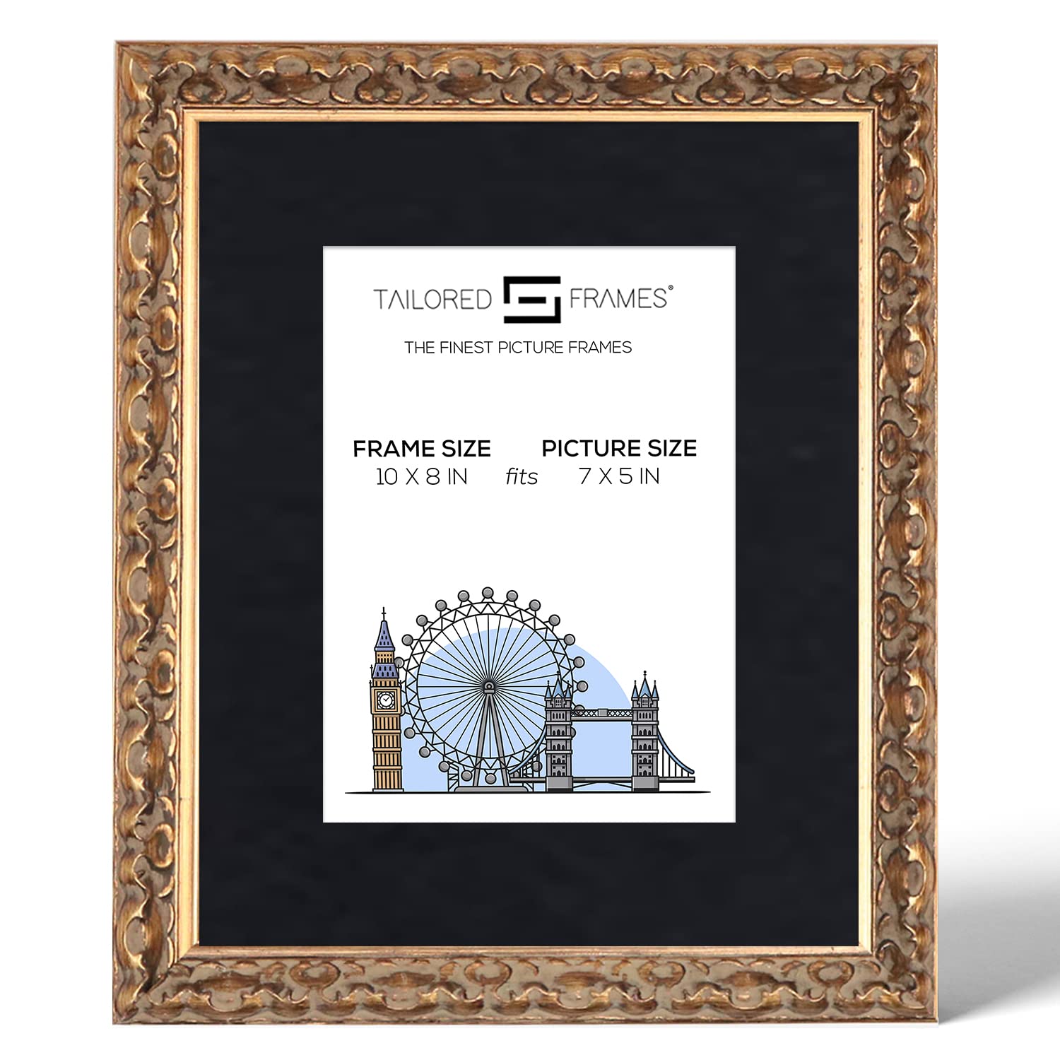 Tailored Frames Vienna Gold 10" x 8" Frame for 7" x 5" Picture | Rustic Style Vintage Single Picture Frame | Table Top & Wall Hanging Type | Photo Frame with Black Mount