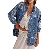 utcoco Women's Vintage Oversized Denim Jacket Embroidered Graphic Casual Loose Fit Button Down Jean Jacket
