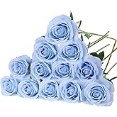 Felice Arts 12 Pack Light Blue Artificial Flowers with Stems Silk Roses Fake Flowers Bouquet for Wedding Centerpiece Table Vase Home Kitchen Party DIY Decor