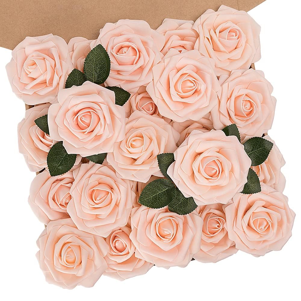 N&T NIETING Artificial Flowers Roses, 25pcs Real Touch Fake Foam Rose DIY for Wedding Bridal Bouquets,Mother's Day, Baby Shower, Home Decoration, Blush