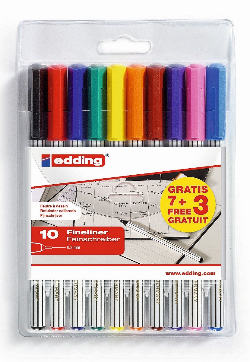 edding 89 Office Fine Liner - 7+3 Set of 10 - Line Width 0.3 mm - For Precise Writing and Drawing in School, Office, Home Office