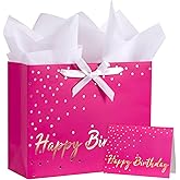 WRAPAHOLIC 13" Hot Pink Birthday Gift Bags with Tissue Paper and Card - Pink and Gold Foil Dots Bags for Girls Women Birthday Party Supplies