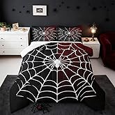 Spider Web Comforter Set Full Size, Black and Red Halloween Bedding Set 3pcs, White Spider Arachnid Insect Animal Down Comforter for All Season, Kids Boys Teens Room Decor, 2 Pillowcases, No Sheets
