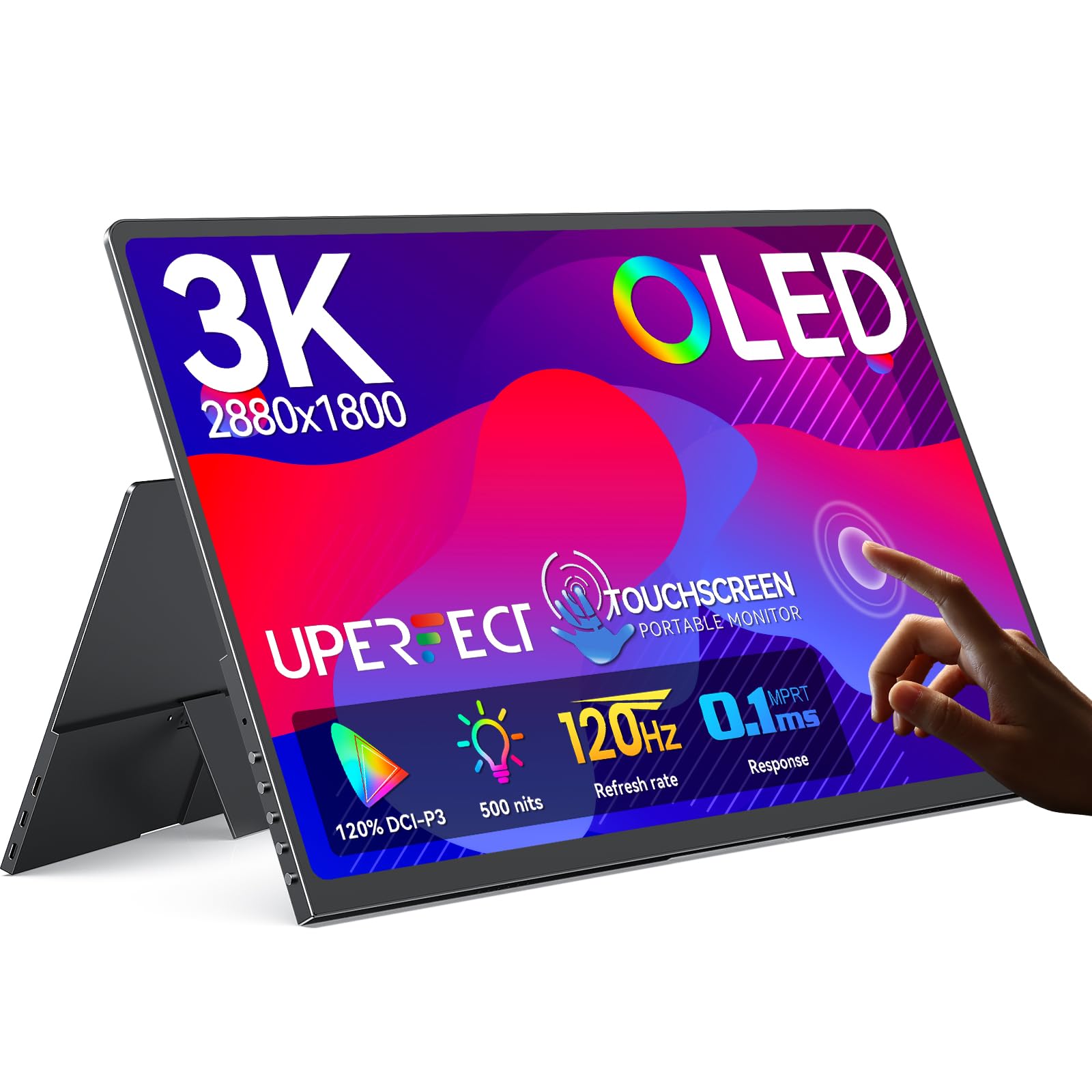 UPERFECT Touchscreen OLED Portable Monitor 14", 3K 2880x1800 | 120Hz | 0.1ms Portable Gaming Monitor, 500 Nits |120% DCI-P3 | 500000:1 | Ultra-Slim Design for Laptop Mini PC Phone Game Consoles