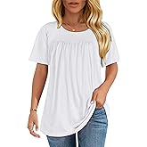 Womens T Shirts Short Sleeve Tops Casual Pleated Front Blouses Flowy Scooped Neck Summer Outfits