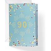 1Up Greetings 90th Birthday Card with Envelope - Baby Blue & Confetti Heartfelt Message | 5”x7.5” | (Single Card)
