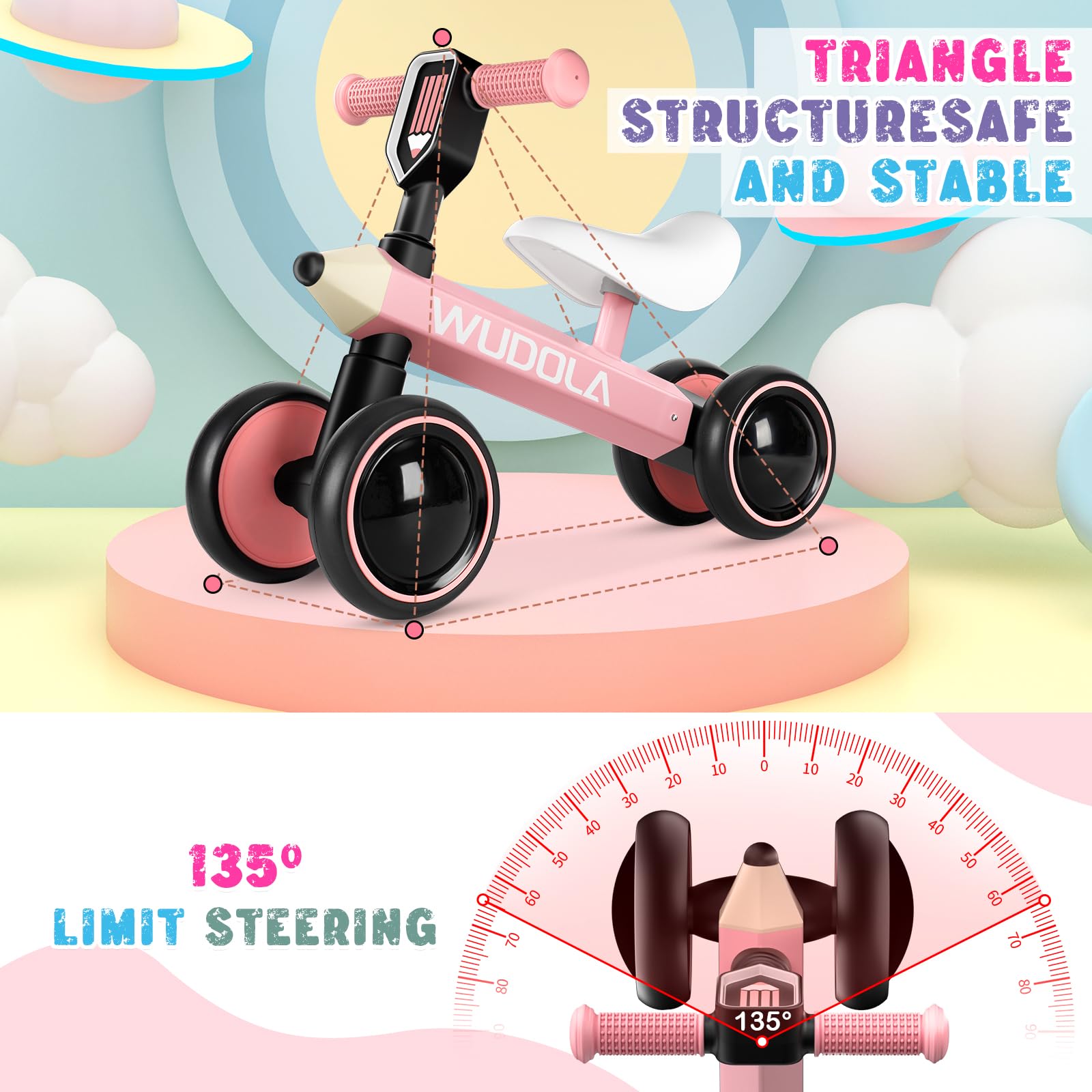 Baby Balance Bike for 1 Year Old, Birthday Gifts for Boys and Girls - No Pedal 4 Silence Wheels & Soft Seat Toddler Bike for 10-36 Months, Pink