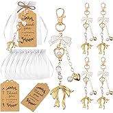 Ecation 20 Set Pearl Bow Keychain Party Favor Bulk Steel Keyring Charm Accessories Souvenir Present Kraft Tag Organza Bag for Guest Baptism Bridal Shower Valentine Wedding Gift(Gold,Novel Bow)